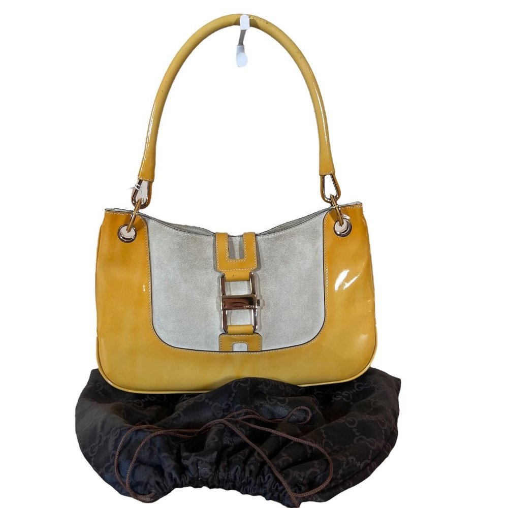 Authentic Gucci Tote Bag Yellow Suede Enamel Used GG Handbag Vintage